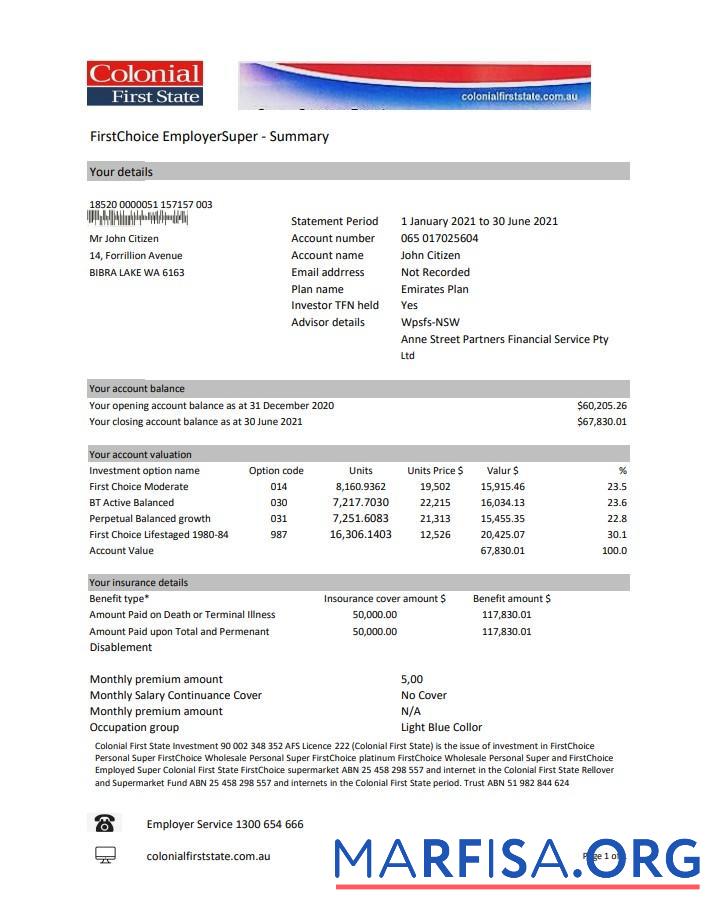 Downloadable Australia Colonial First State bank statement excel sample